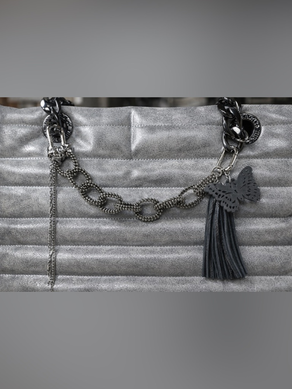 Silver Bag Charm/Chain - Silver Frog and Black Leather Tassle/Butterfly